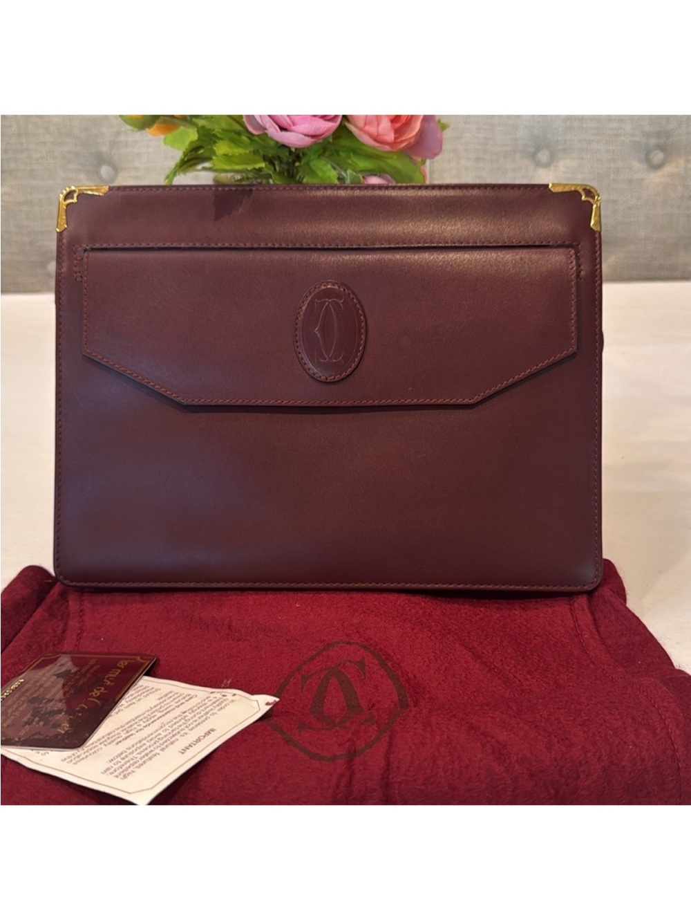 Authentic Cartier Leather Clutch with Gold-Tone Corner Accents